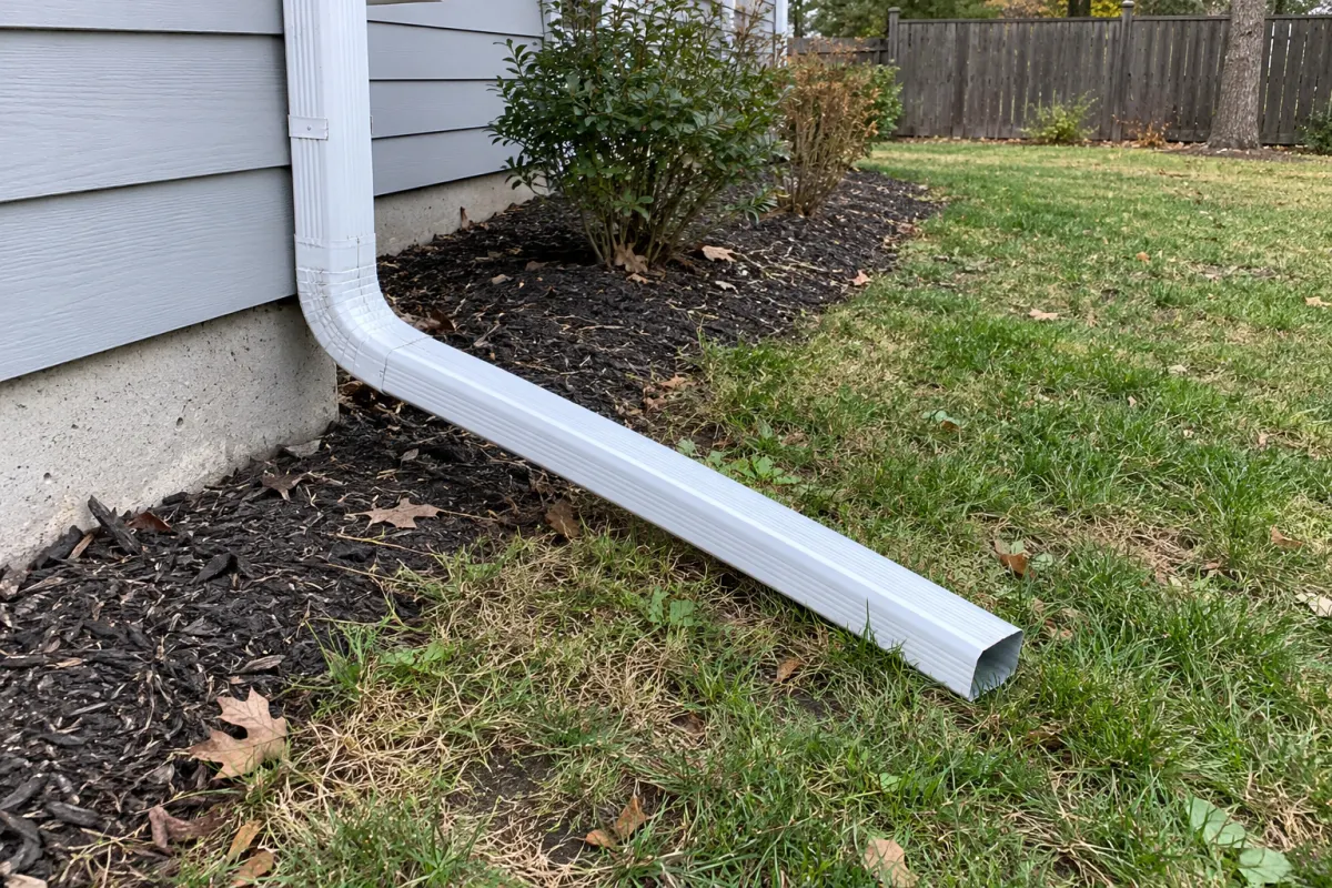 Illustrative example of a white downspout extension directing runoff onto a lawn