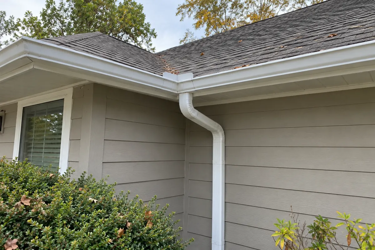 Illustrative example of a gutter corner, roof valley and rectangular downspout